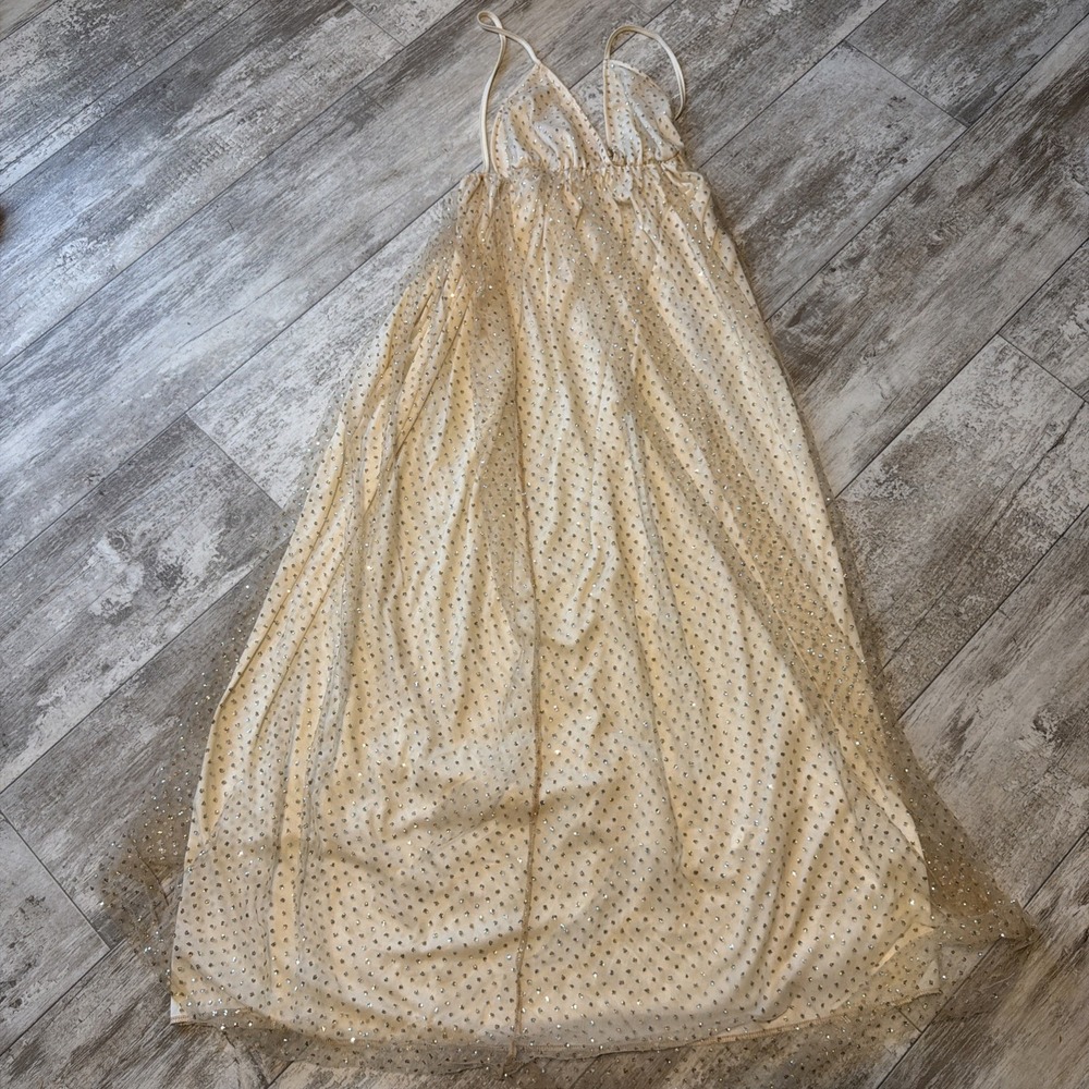 Classic Fashion Women Size 5 Shiny Sheer Mesh Fab Light Champagne Butter Dress